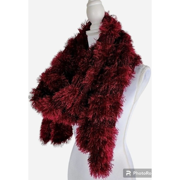 Handmade Burgundy Red Knit Shaggy/Fluffy Scarf Ling Made to Order. - Picture 6 of 12